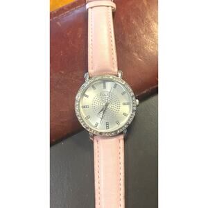 Women's 37mm silver Tone Folio Watch, Pale Pink Band, Crystal Accents